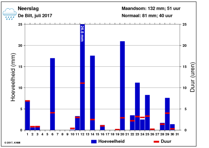 Neerslaggrafiek van juli per dag
