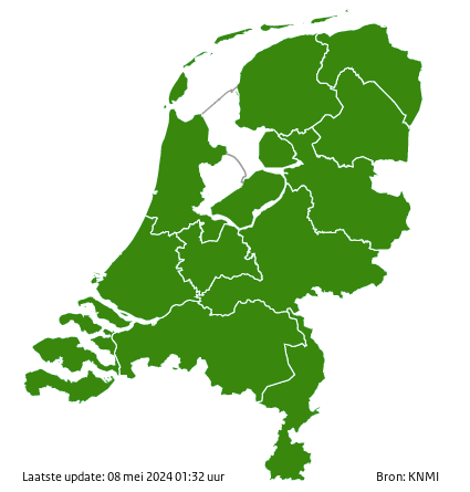 Waarschuwingskaartje met regio's voor Nederland