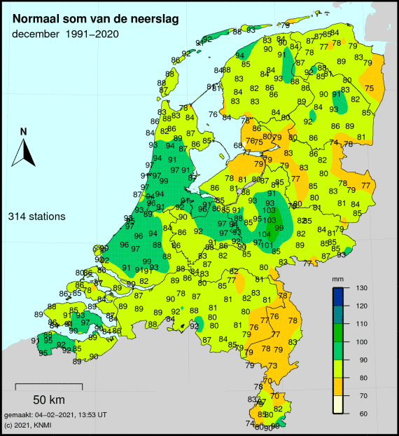 Normaalsom neerslag kaart KNMI