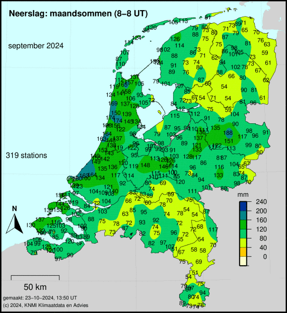 Totale neerslag van september cumulatief