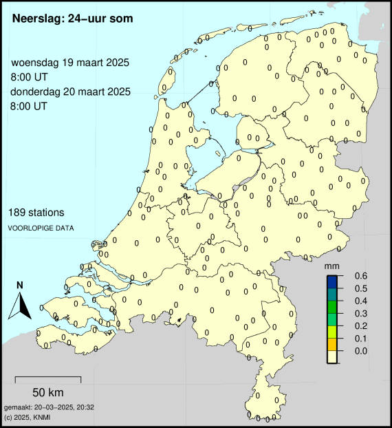 De gevallen neerslag in 24 uur