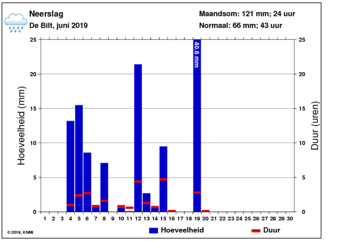 Neerslaggrafiek van juni per dag