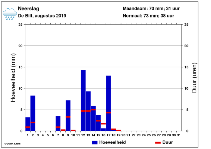 Neerslaggrafiek van augustus per dag