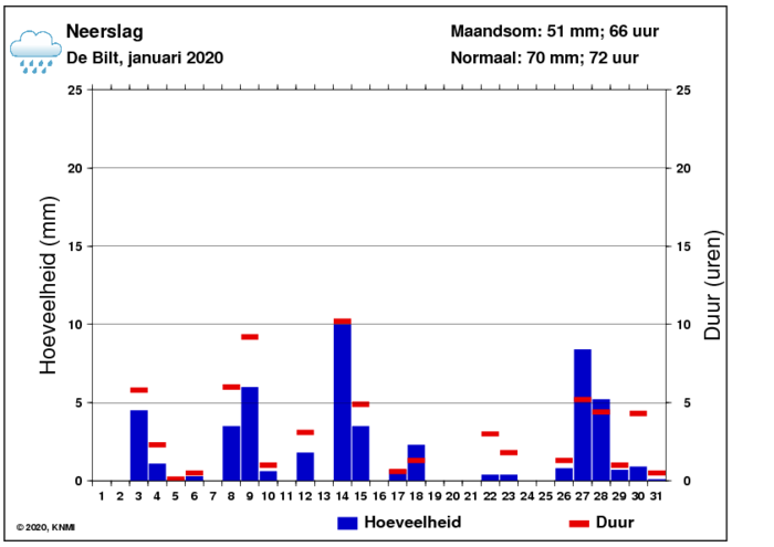 Neerslaggrafiek van januari per dag