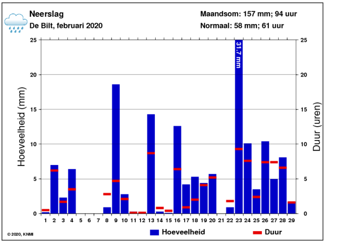 Neerslaggrafiek van februari per dag