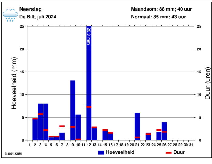 Neerslaggrafiek van juli per dag