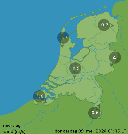Buienradar Nederland met windsnelheid in m/s
