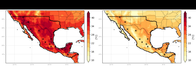 Temperatuurkaart van Mexico en omgeving tijdens de hittegolf 