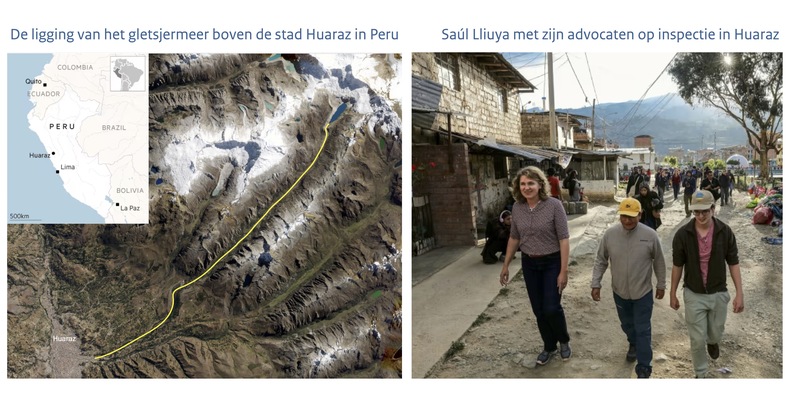 Kaartje met de ligging van het gletsjermeer van smeltwater hoog in de bergen boven Huaraz, Peru