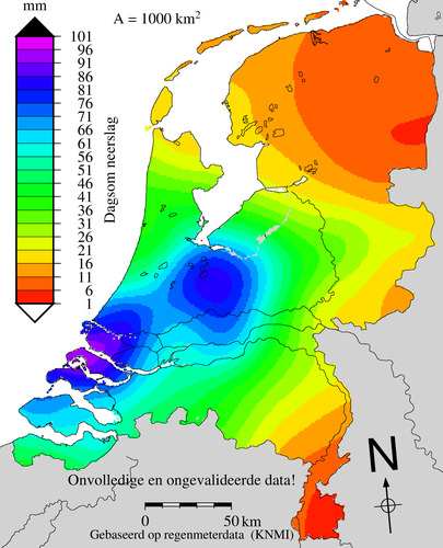 De 24-uurs neerslagsom tussen zaterdagavond en zondagavond, gebaseerd op radargegevens en data van KNMI-neerslagstations. Bron: KNMI