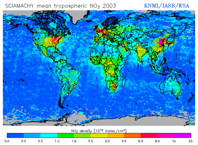 De mondiale verdeling van stikstofdioxide.