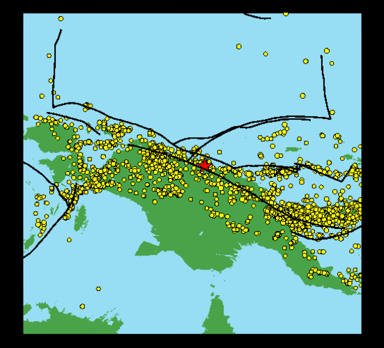 Aardbevingen vanaf 1973 tot heden met een magnitude groter dan 5,0. De aardbeving van 17 juli is met een rode ster aangegeven.
