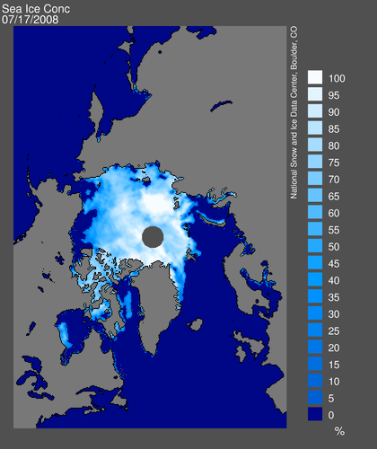 Zeeijsbedekking 17 juli 2008 (bron: National Snow and Ice Data Center)