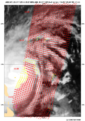 Windveld Mitag gemeten door de scatterometer