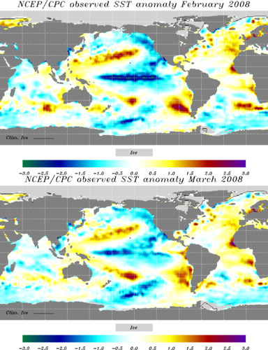 Afwijking zeewatertemperatuur in februari en maart 2008