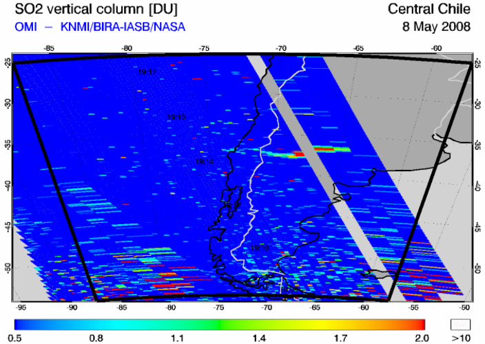 SO2 metingen bij vulkaanuitabrsting Chaitén op Chili