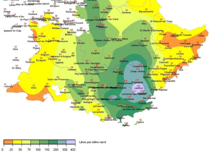 Neerslagcijfers Zuidoost Frankrijk 14 en 15 juni. Bron: Météo France
