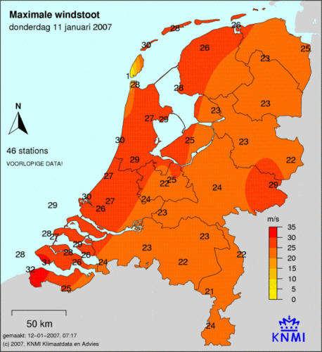Hoogste windstoten 11 januari 2007 op KNMI-weerstations)