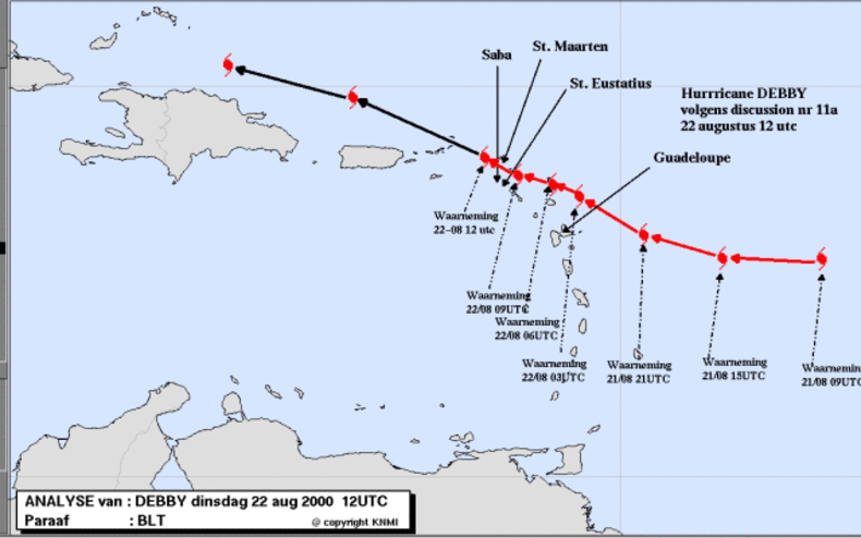 Analyse van orkaan Debby, die op 22 augustus 2000 over de Nederlandse Antillen trok