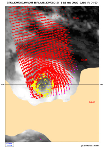 Windveld Dean op 22 augustus gemeten met de scatterometer
