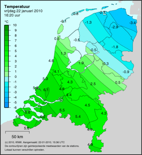 Wie vrijdag van zuidwest naar noordoost reisde ging de vrieskou tegemoet (Bron KNMI)