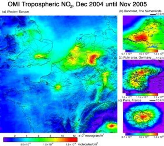 Stikstofdioxide boven West-Europa gemeten met OMI. Tropomi kan dit nog nauwkeuriger meten.