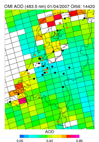 Kaart met resultaten van de OMI-meting boven Nederland op 1 april 2007. In het oranje de scholen die deze lente hebben meegedaan met de meetcampagne. Door gelijktijdig te meten kan de nauwkeurigheid van de OMI-metingen worden bepaald.