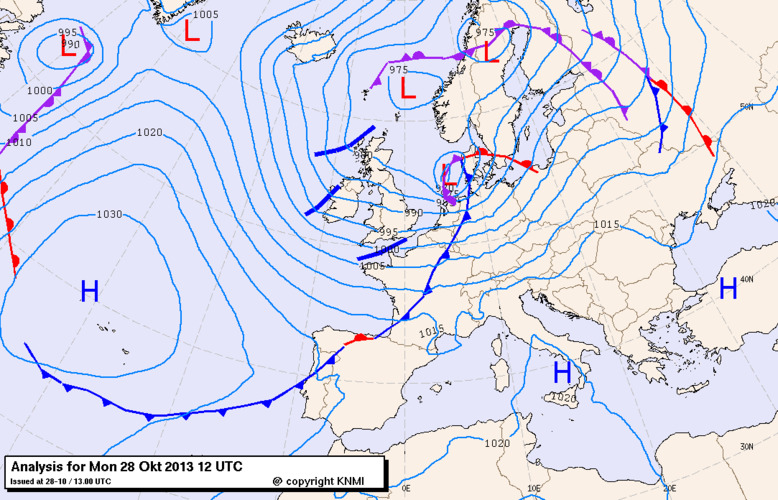 Weerkaart van de storm op 28 oktober 2013 (bron: KNMI)