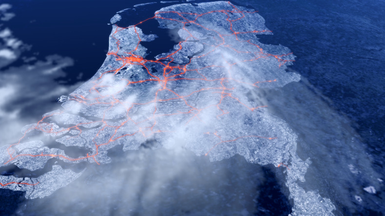 Animatiebeeld van sneeuwploegwagens van Rijkswaterstaat tijdens de sneeuwbuien op 3 februari 2013. Bron: VPRO/Nederland van Boven