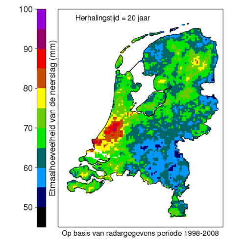 Etmaalhoeveelheden van de neerslag die gemiddeld eens in de 20 jaar voorkomen op basis van radargegevens (Bron: KNMI)