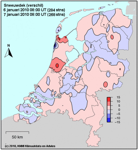 Het kaartje laat zien hoeveel verse sneeuw er tussen woensdag- en donderdagochtend is gevallen*