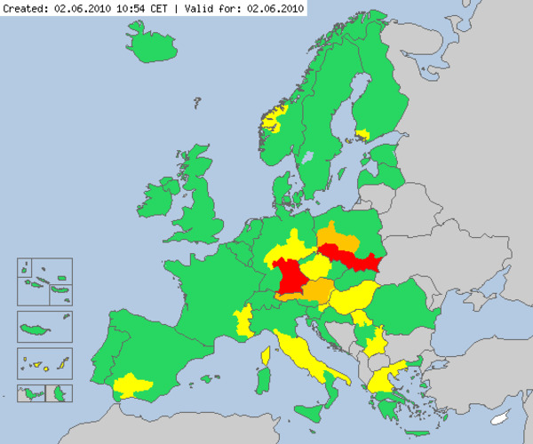 Meteoalarm met de Europakaart waarop ook de regio's zichtbaar zijn (Bron: www.meteoalarm.eu)