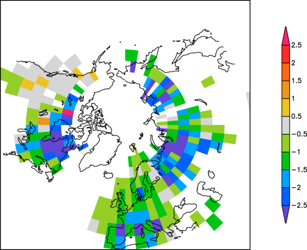 De temperatuurafwijking van de zomer van 1816 (Briffa et al, 1998)