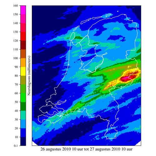 Radarsombeeld regen 26/27 augustus 2010. Dit zijn voorlopige gegevens. Later volgt het definitieve overzicht waarin alle gegevens zijn verwerkt en gevalideerd (Bron: KNMI) 