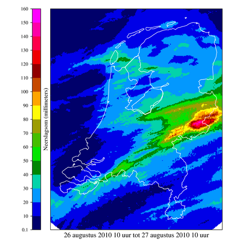 Radarsombeeld regen 26/27 augustus 2010. Dit zijn voorlopige gegevens. Later volgt het definitieve overzicht waarin alle gegevens zijn verwerkt en gevalideerd (Bron: KNMI) 
