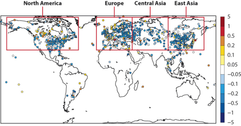 Distributions of surface level wind tendencies between 1979 and 2008 (m/s/decade) (ECMWF)