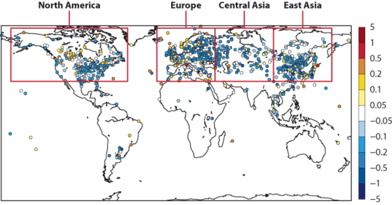 Distributions of surface level wind tendencies between 1979 and 2008 (m/s/decade) (ECMWF)