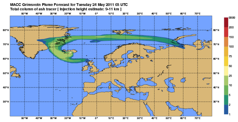 MACC Grimsvötn zwaveldioxidepluim (Bron: ECMWF/MACC)