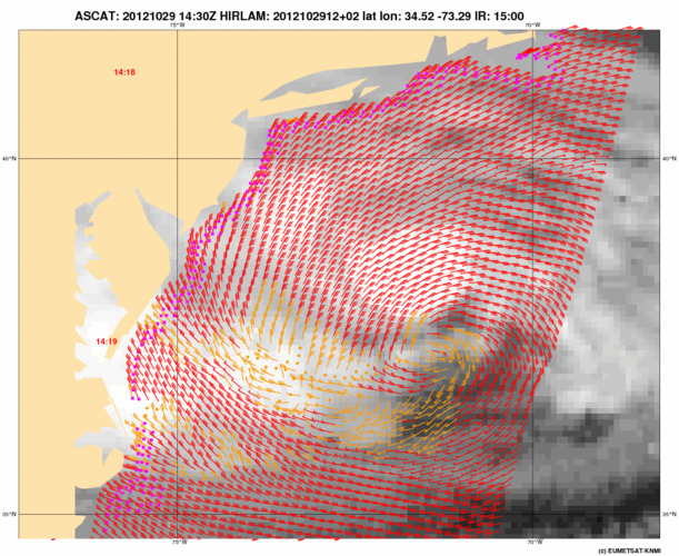 Het gemeten windveld van superstorm Sandy die eind oktober New York trof (Bron: KNMI)