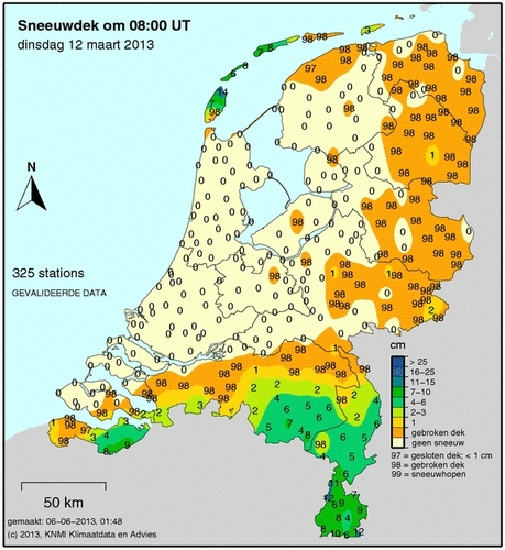 Sneeuwdek op 12 maart 2013 om 08.00 UTC (9 uur NL-tijd)