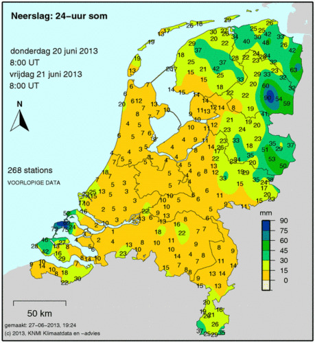 Neerslag 20-21 juni 2013. Bron: KNMI