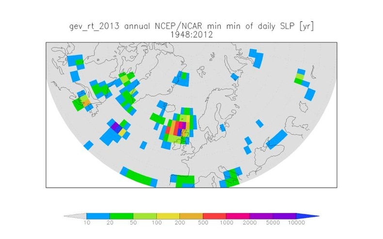 Herhalingstijd in jaren van de laagste luchtdruk. Zo'n gemiddeld lage luchtdruk bij Schotland komt minder dan eens in de honderd jaar voor (Bron: KNMI)