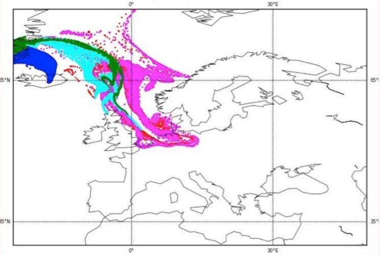 De kaart van 22 september 2014 toont de hoeveelheid SO2 die de vulkaan op IJsland heeft uitgestoten (Bron: KNMI)