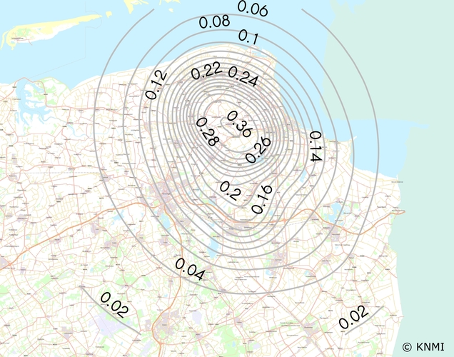 Contouren van de maximaal te verwachten versnelling van de bodem in Groningen die eens in de 475 jaar overschreden kan worden. In de gemeente Loppersum is het maximum afgenomen van 0,42 naar 0,36g (versnelling van de zwaartekracht). © KNMI