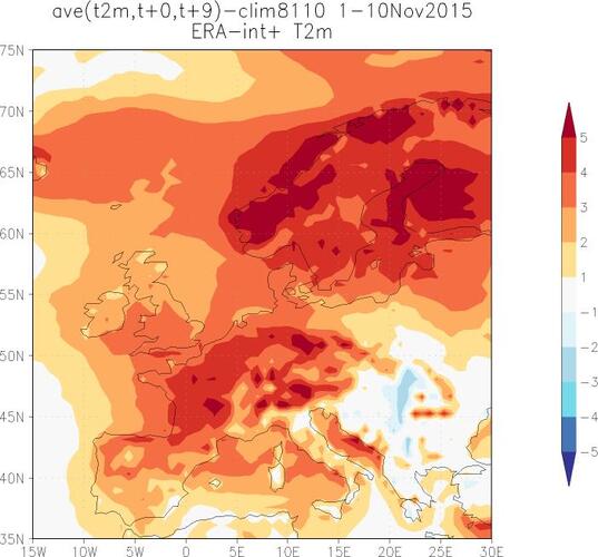 De afwijking van de gemiddelde temperatuur in Europa
