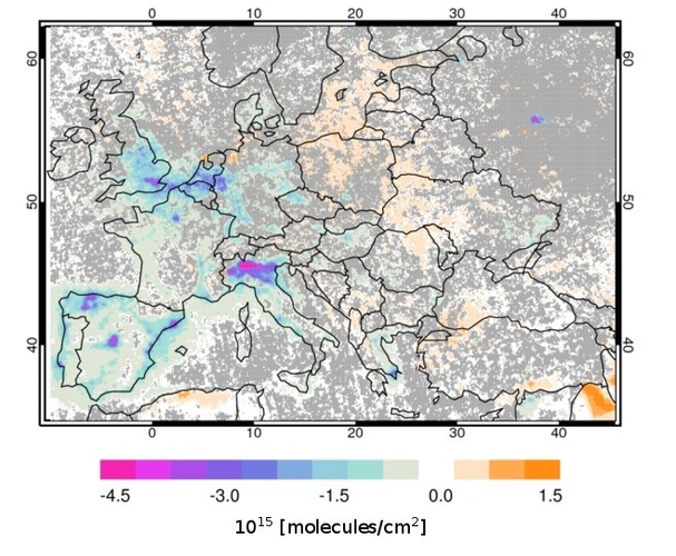 Trends in troposferische NO2 kolommen boven Europa voor de periode 2005-2014 waargenomen door het OMI satellietinstrument. Bron: OMI Science Team Meeting/KNMI