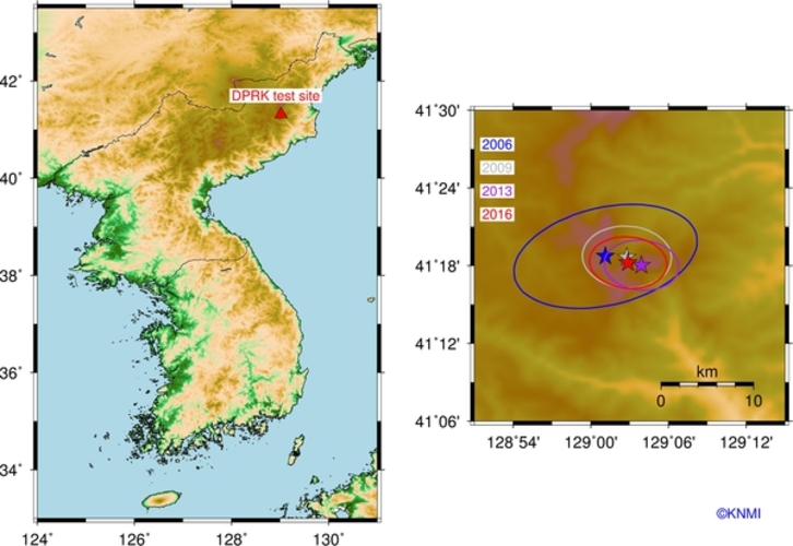 Locatie nucleaire test. Kaartje versie 11 januari 2016 © knmi
