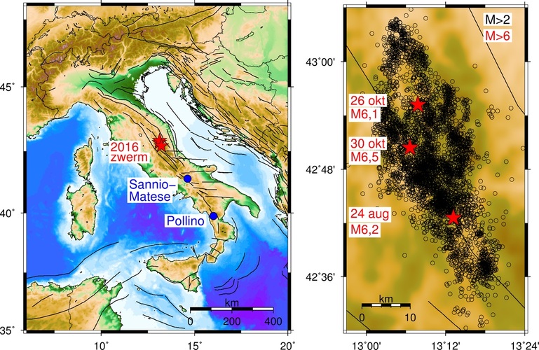 Kaart (links) met de locatie van huidige zwerm en voorbeelden eerdere zwermen en kaart met huidige zwerm (magnitude groter dan 2). ©KNMI