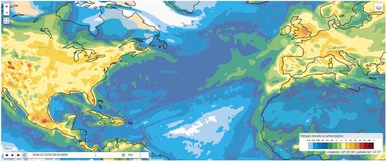 NO2 aan de grond, zoals verwacht met het CAMS systeem. Dit illustreert hoe de westenwind de luchtvervuiling over de wereld verdeelt. ©KNMI