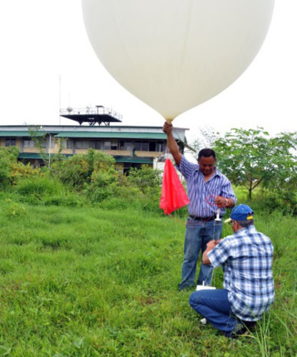 twee mensen laten een weerballon op in paramaribo